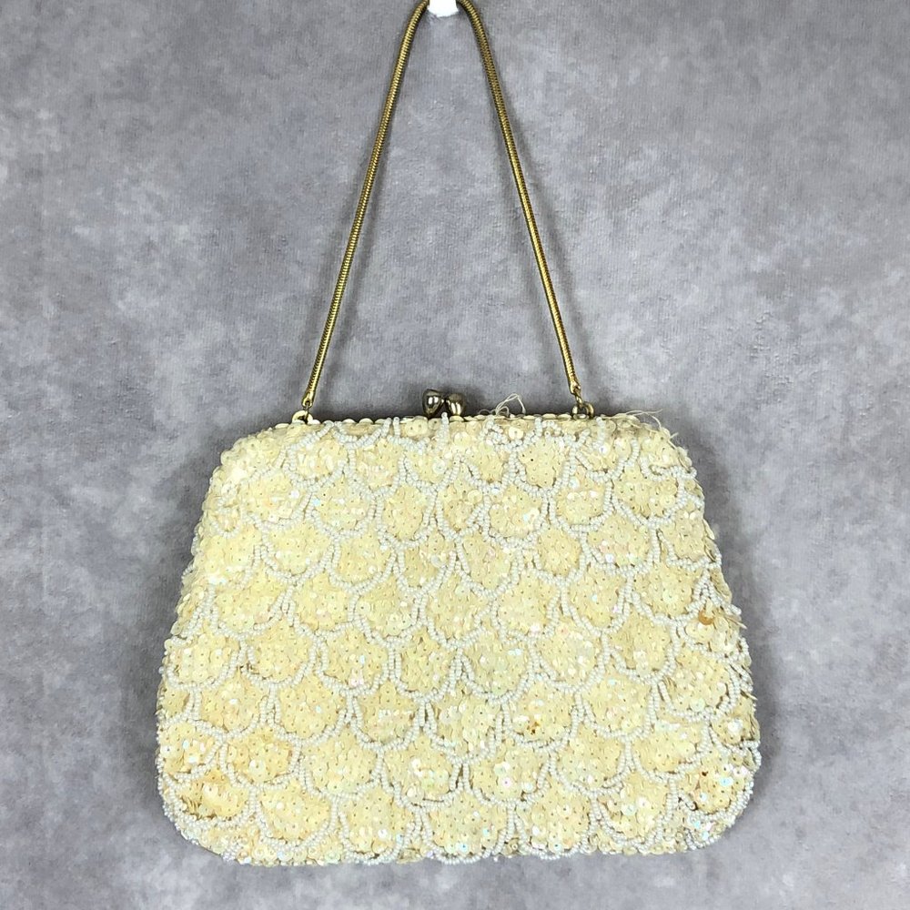 VINTAGE SEQUIN AND BEADED WHITE EVENING BAG PURSE HAND MADE‎ IN HONG KONG